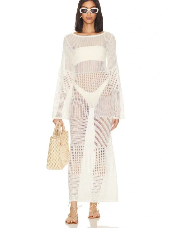 L'Academie Evea Crochet white Maxi knit dress swim coverup resort wear vacation - Picture 1 of 8